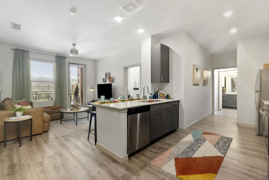 Bright Auburn student apartment with modern kitchen and living room at 320 West Mag.